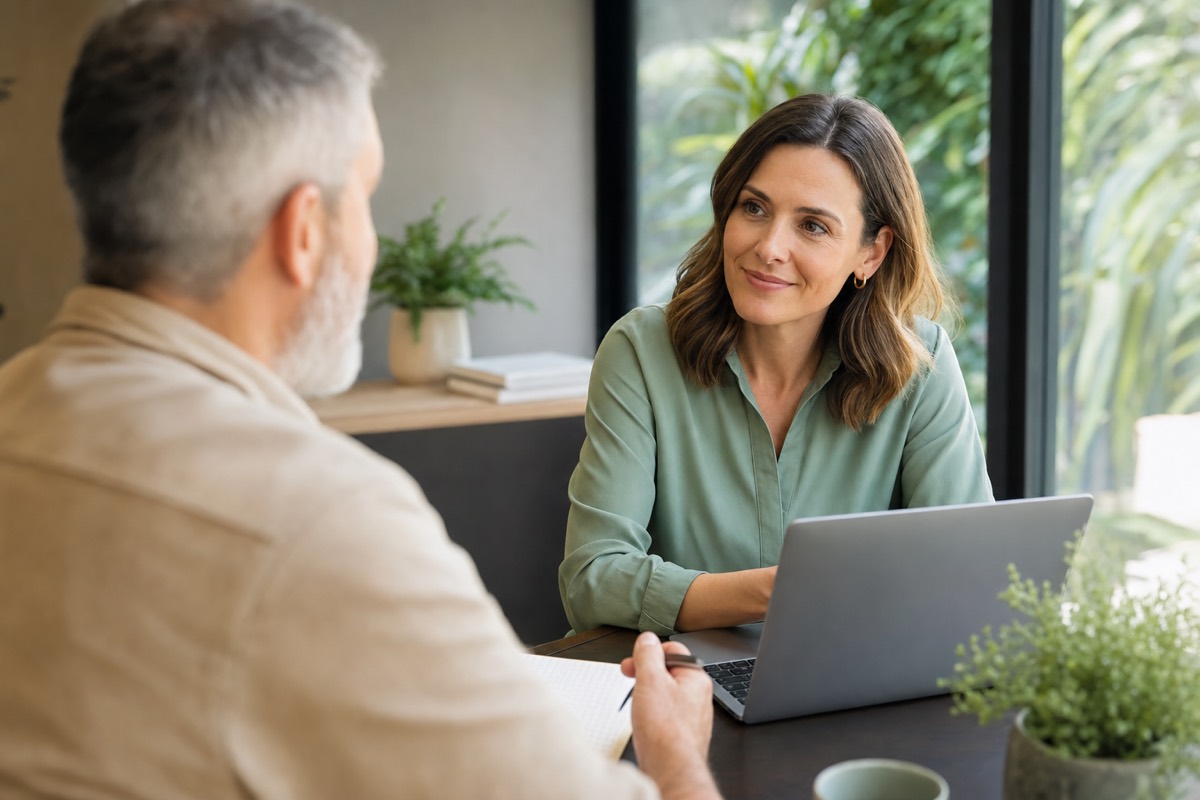 A relaxed one-on-one revenue audit conversation with a laptop and notebook on the table