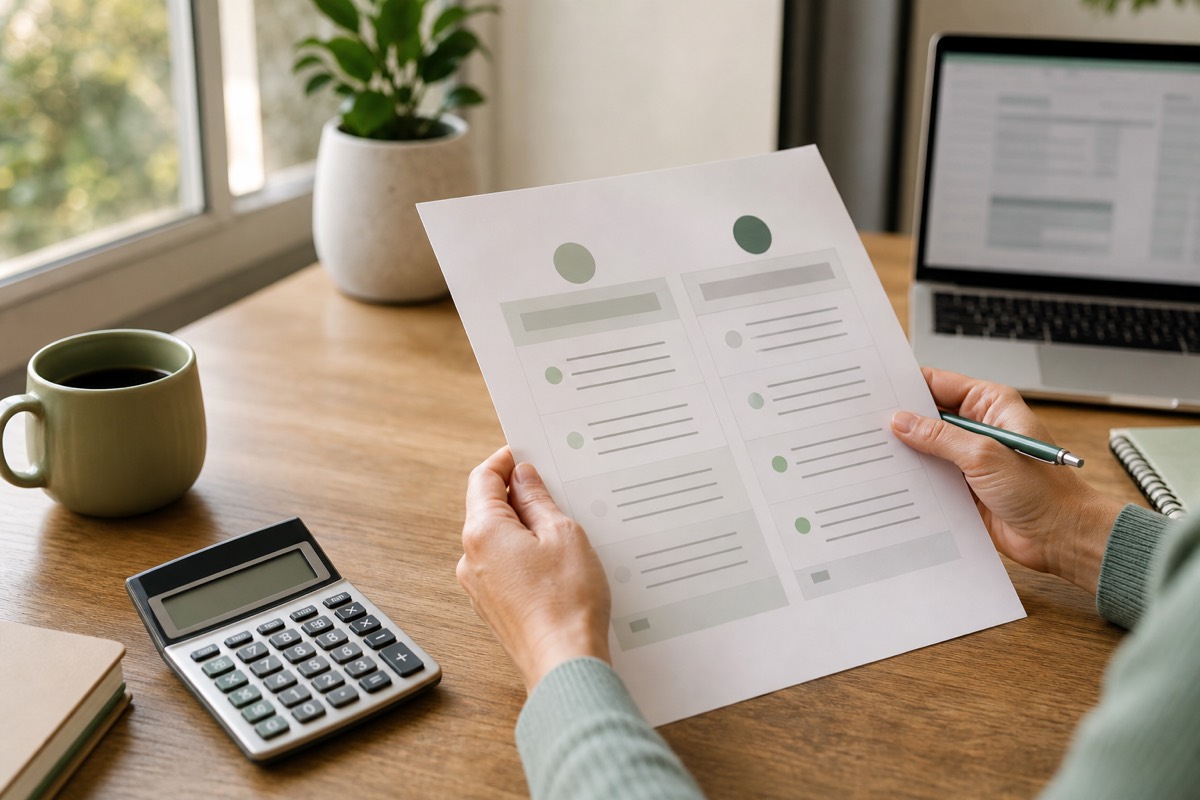 Hands comparing two simple pricing sheets next to a calculator and laptop