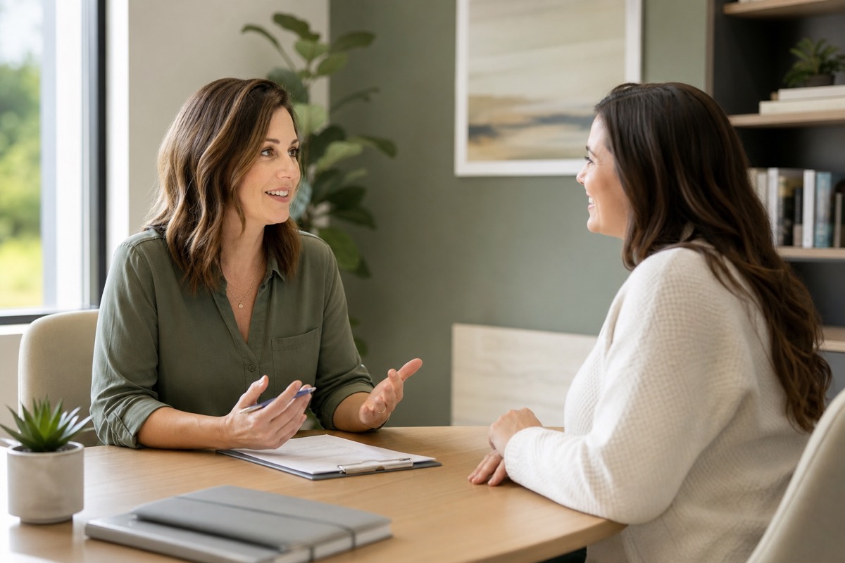 A practice manager and a billing advisor talking through pricing options at a table