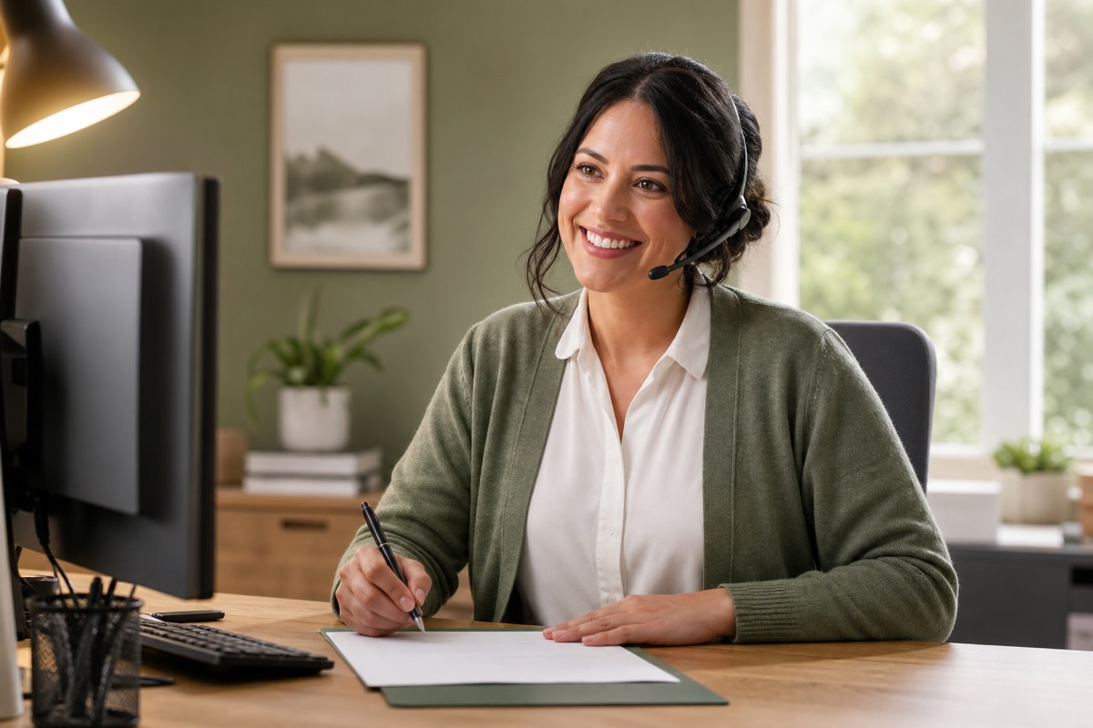 Friendly patient billing representative smiling while helping a patient by phone